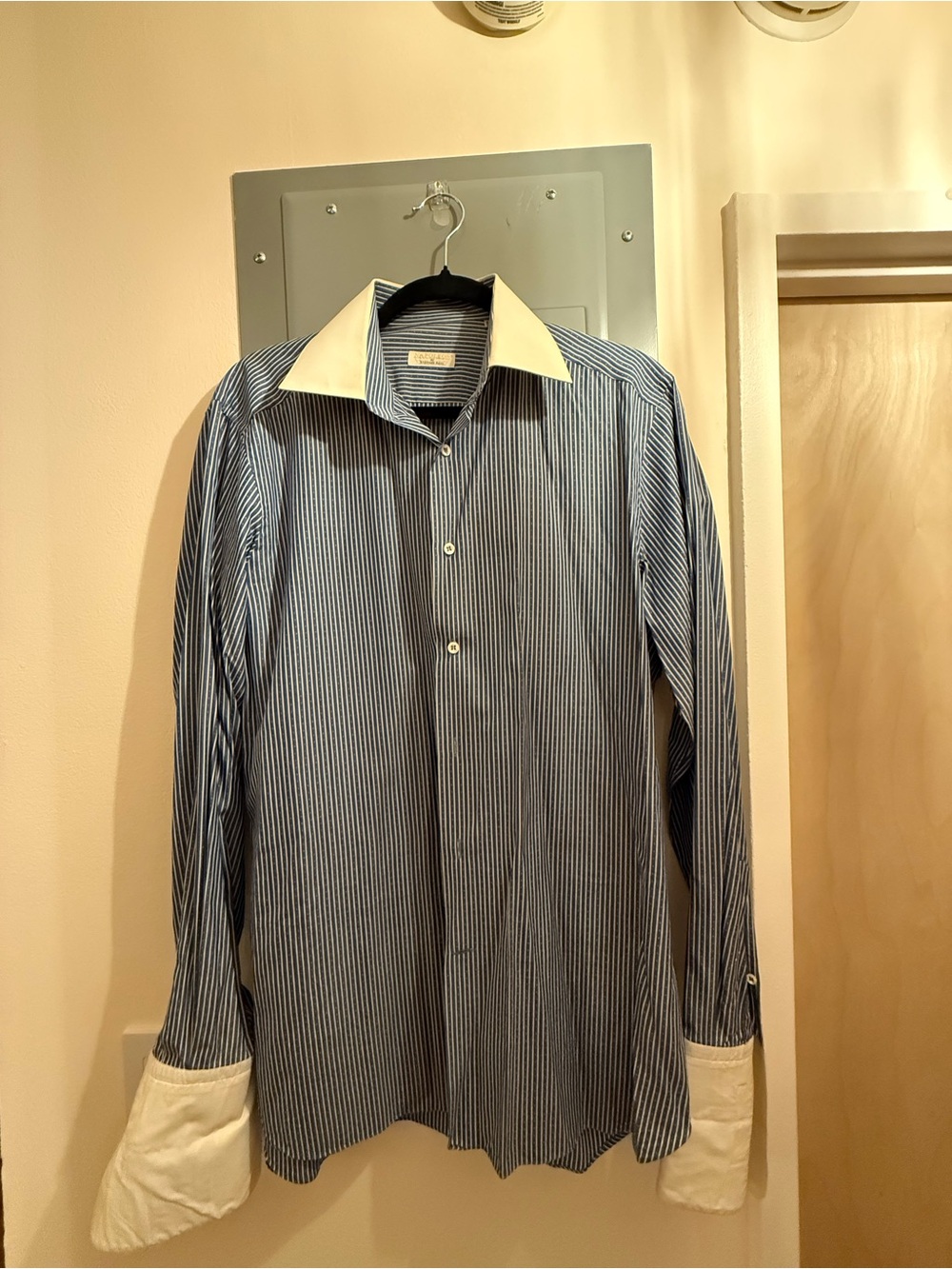 Stefano Ricci Blue Pinstripe Dress Shirt with White Contrast Collar and Cuffs